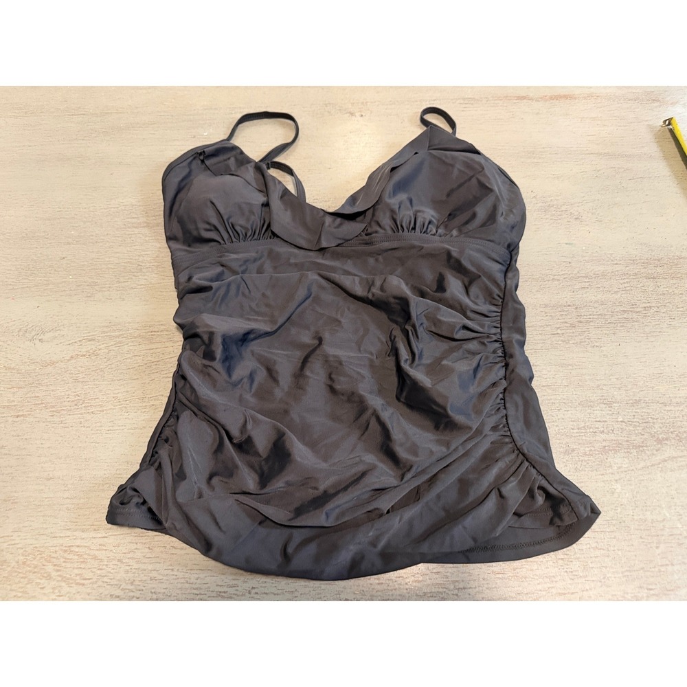 Hilor Womens Black Ruched Tankini Top V-Neck Padded Swimsuit Separate Size 10